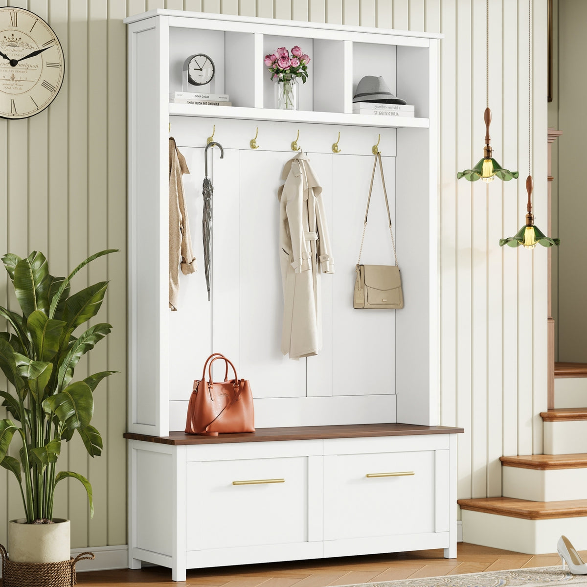 White Hall Tree with Bench and Shoe Storage, 47.2 in Wide