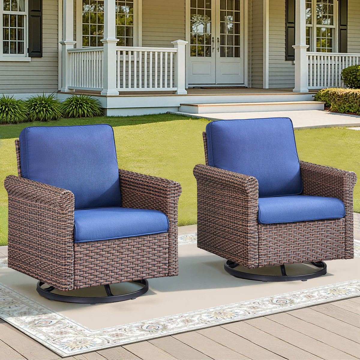 Blue Wicker Outdoor Glider Chair with Cushions, Set of 2, 29.9 in Deep