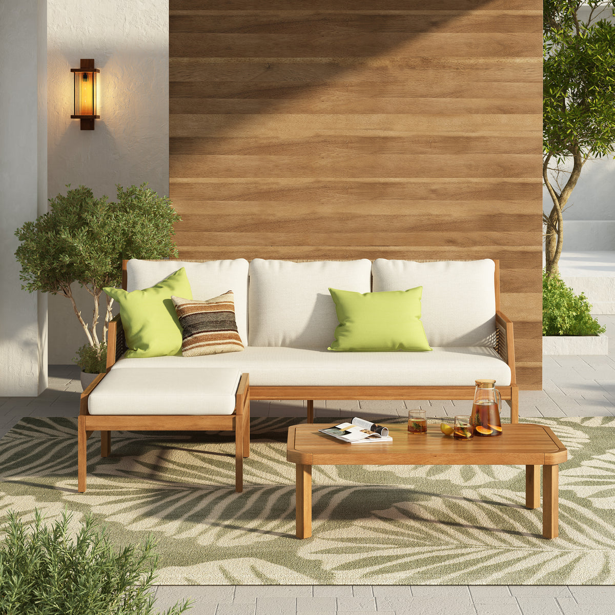 Teak Finish Solid Wood 3-Piece Outdoor Sofa Set for 4 with Cushions
