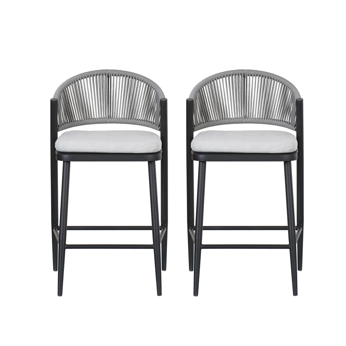 Black Metal Outdoor Counter Stool with Cushions, Set of 2, 36 in Tall