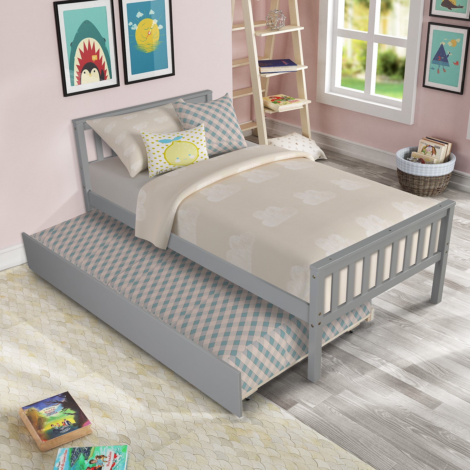 Twin Bed with Trundle and Slatted Headboard, Gray Pine