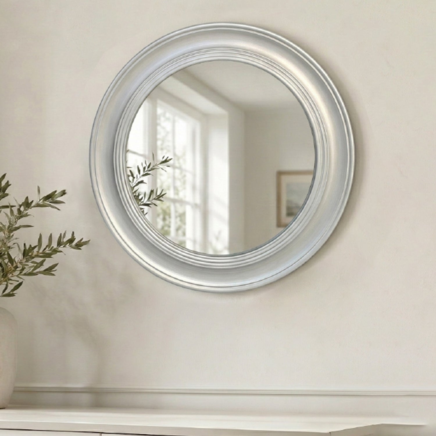 Round Wall Mirror, Brushed Silver Metal Frame, 26 in
