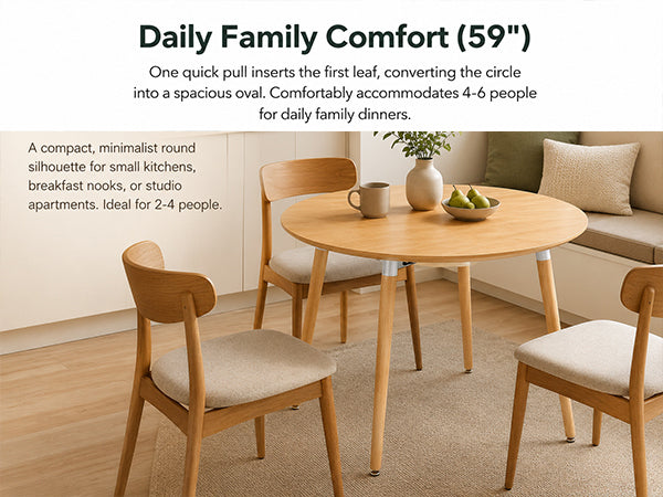 Feature graphic showing the compact round table in a breakfast nook, titled Daily Family Comfort