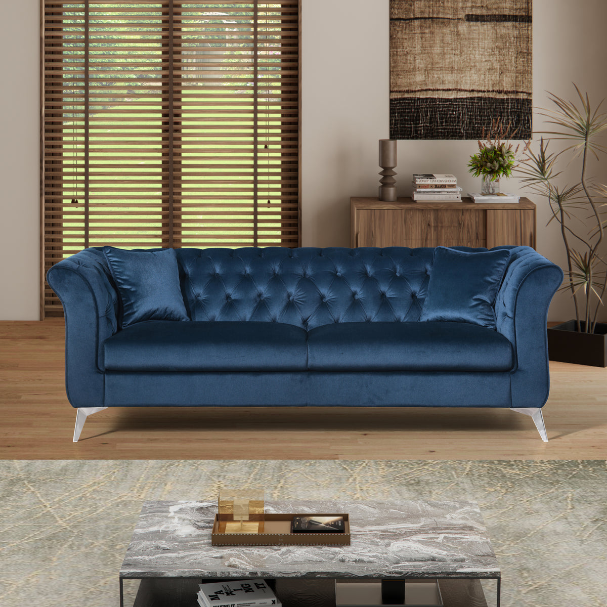 Teal Velvet 3-Seat Chesterfield Sofa, 87.4 in Wide