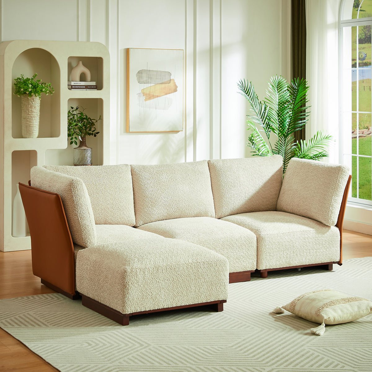 Boucle L-Shaped Modular Sectional Couch with Ottoman, 94.5 in Wide