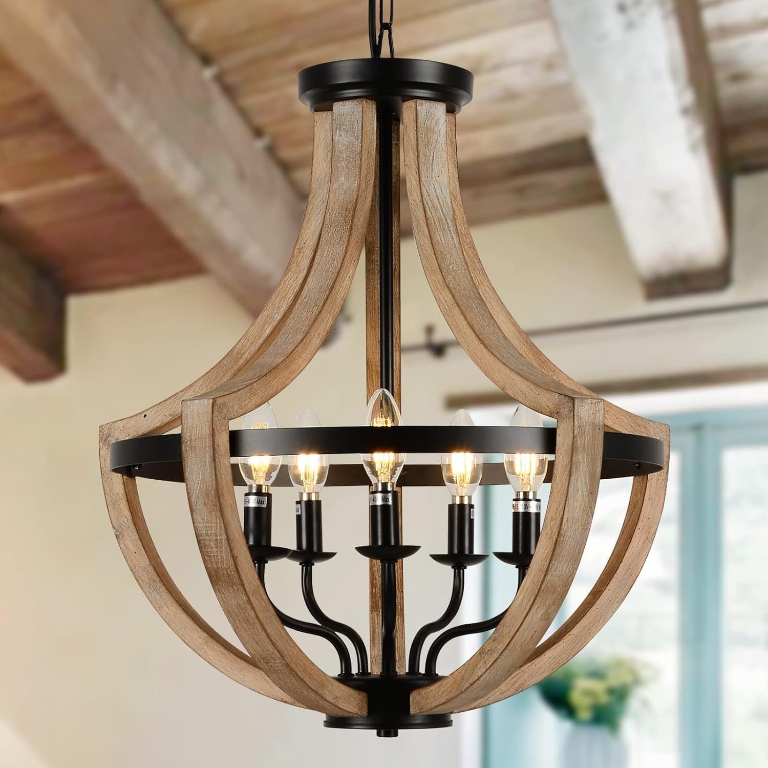 Chandelier, 5-Light Wood Farmhouse Design, Brown