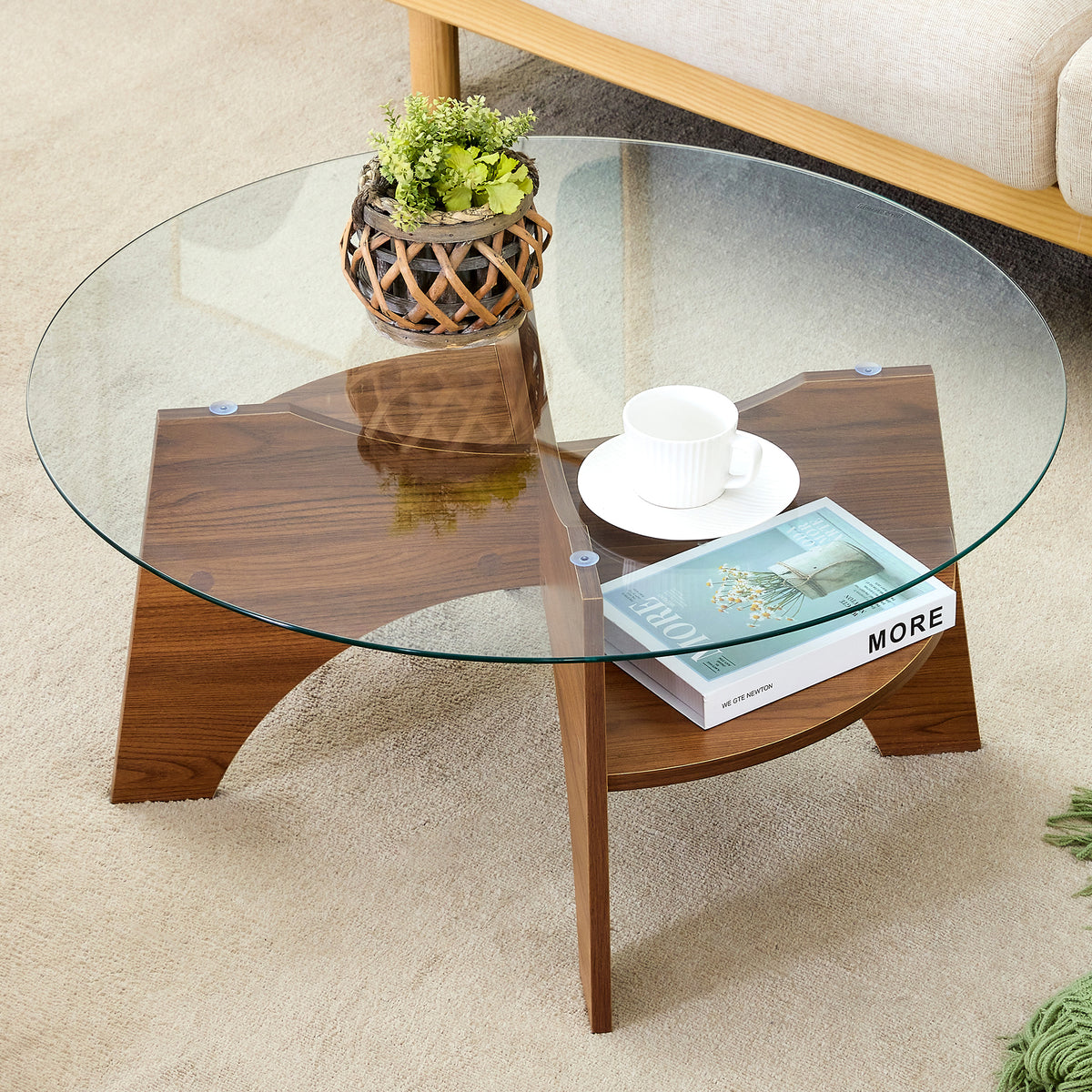 Walnut Glass Top Round Coffee Table, 31.5 in