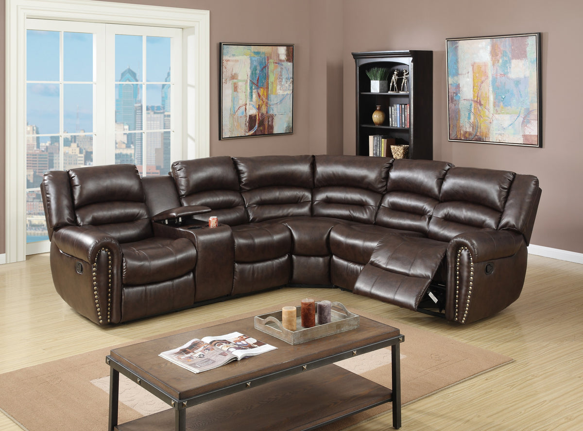 Brown Bonded Leather L-Shaped Reclining Sectional, 111 in Wide