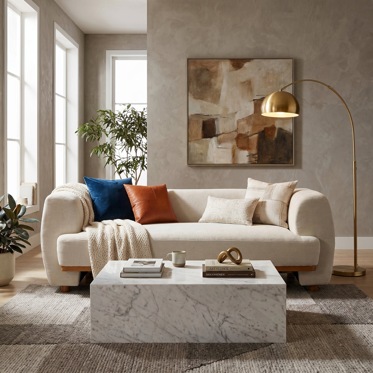 Beige Chenille 3-Seat Curved Sofa, 79 in Wide