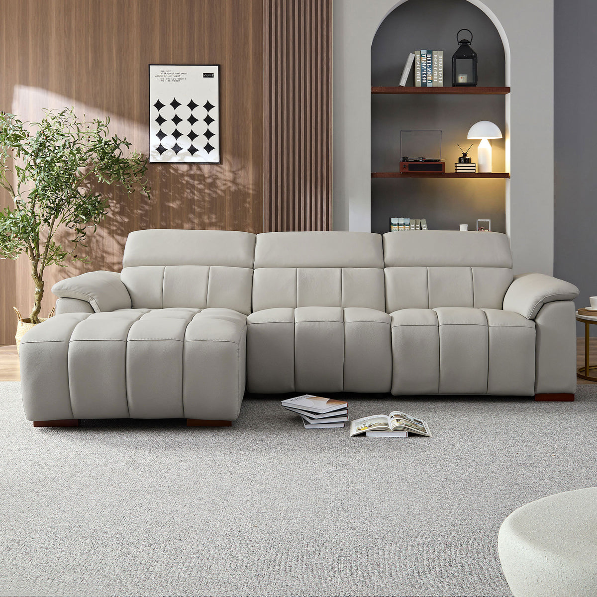 Gray Genuine Leather Power L-Shaped Reclining Sectional, Left-Facing
