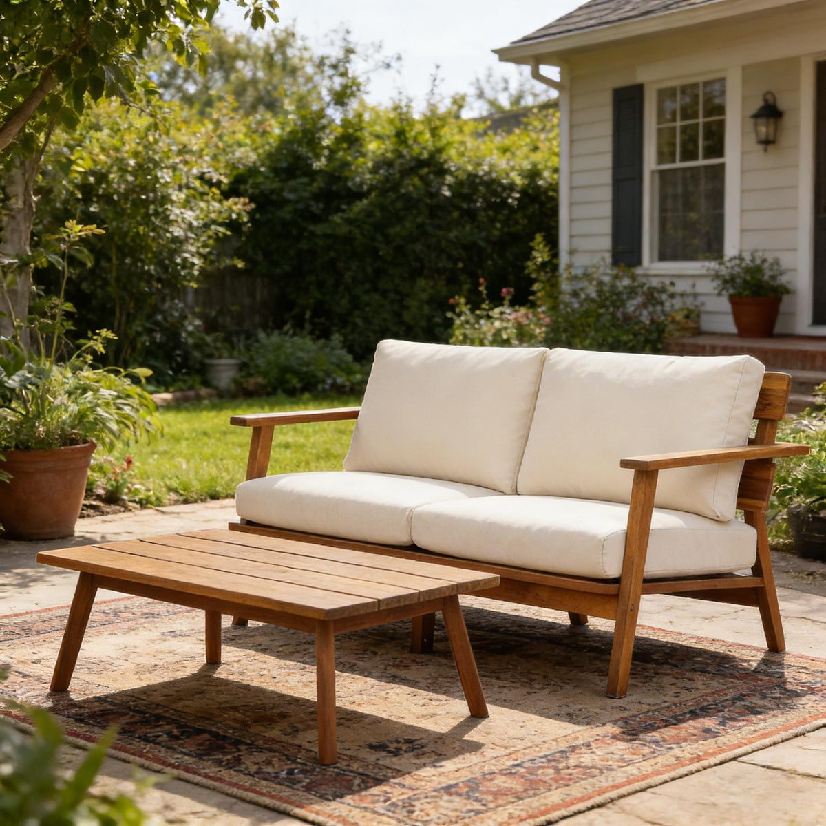 Teak Finish Solid Wood 2-Piece Outdoor Sofa Set