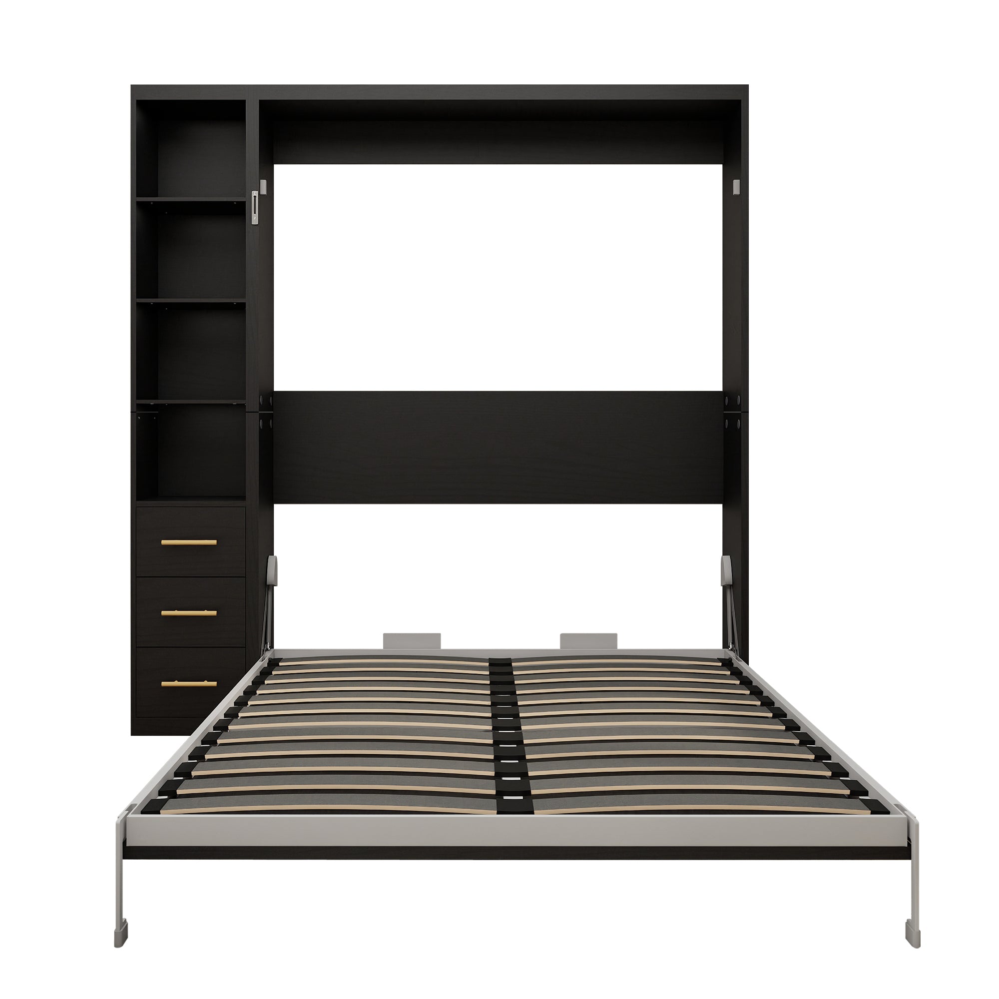 Queen Murphy Bed with Storage Shelves and Drawers, Black