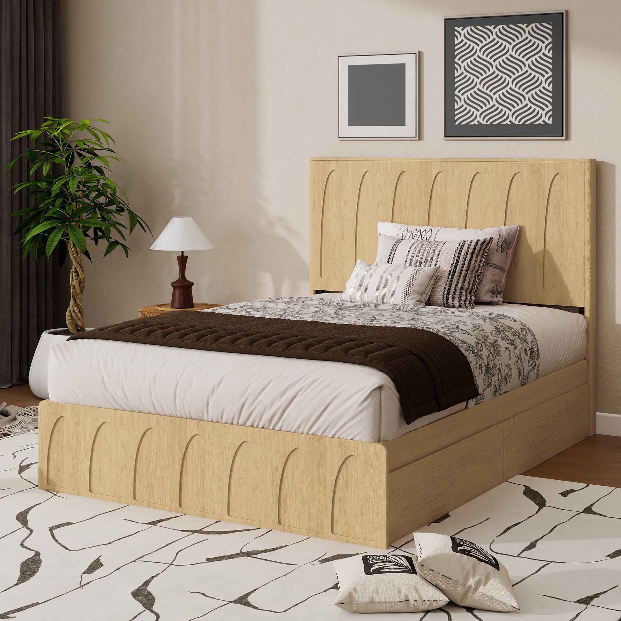 Angled light oak queen bed frame showing side storage drawers along the right rail, arched groove headboard #Color_Oak