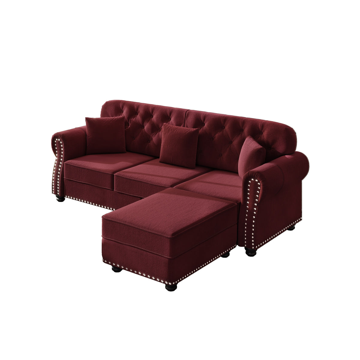 Burgundy Velvet 4-Seat Chesterfield Sofa with Ottoman
