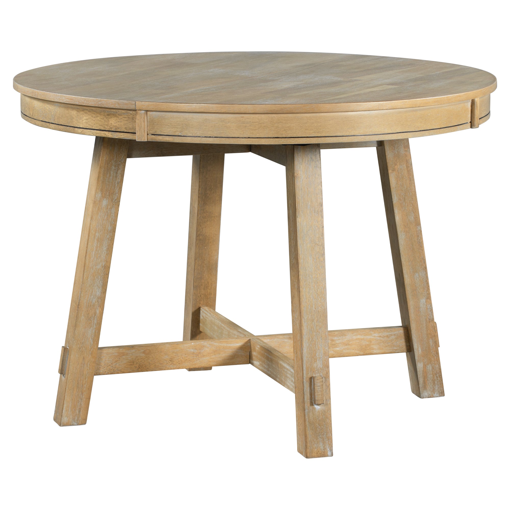 Three-quarter studio photo of oak dining table in its round 42 inch form on white background