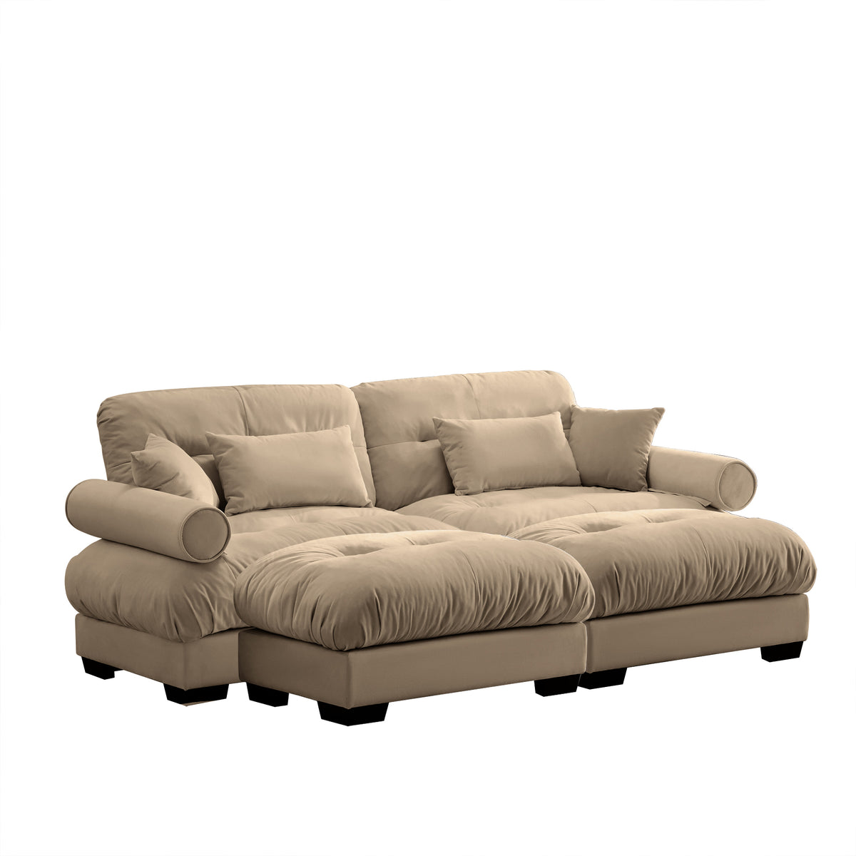 Camel Velvet 2-Seat Couch with 2 Ottomans