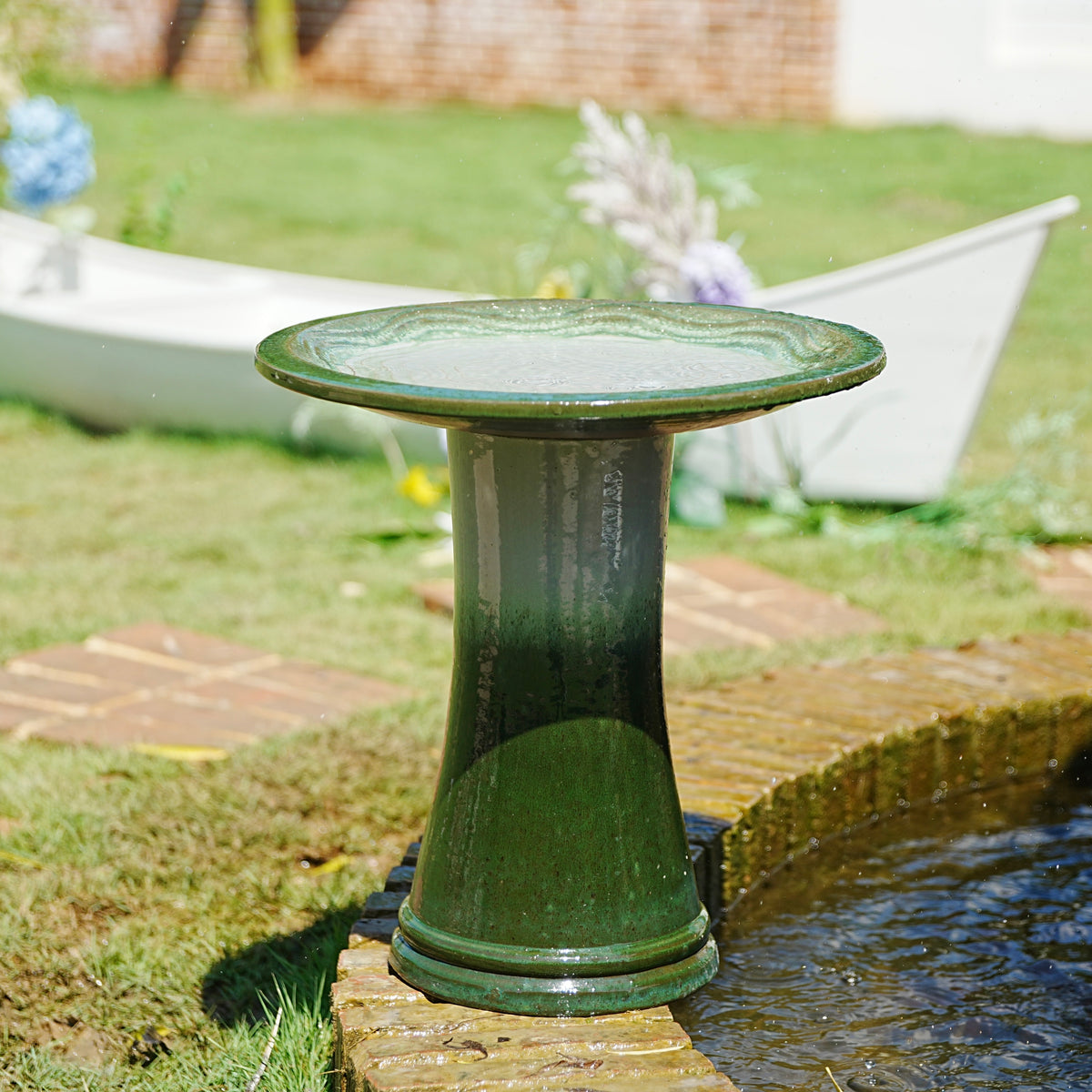 Green Ceramic Bird Bath, Ripple Pattern