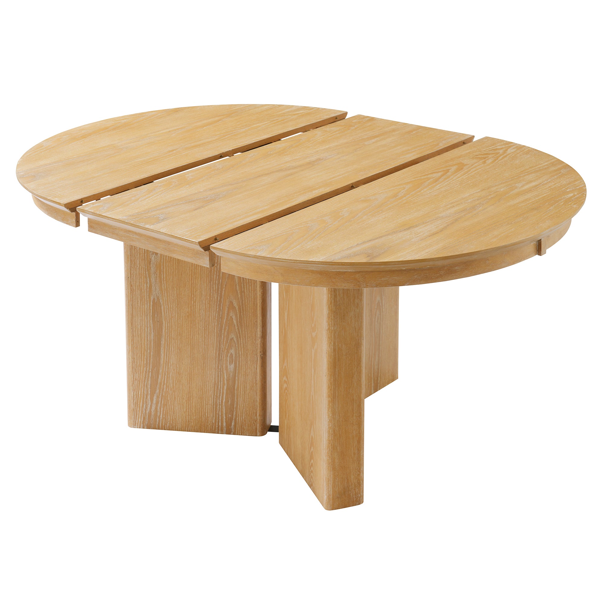 Studio view of natural oak oval extendable table split apart showing center leaf and crossed panel base