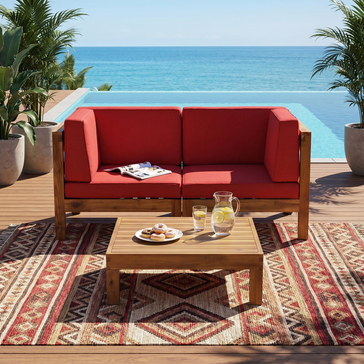 Red Solid Wood Outdoor Sofa Set for 2