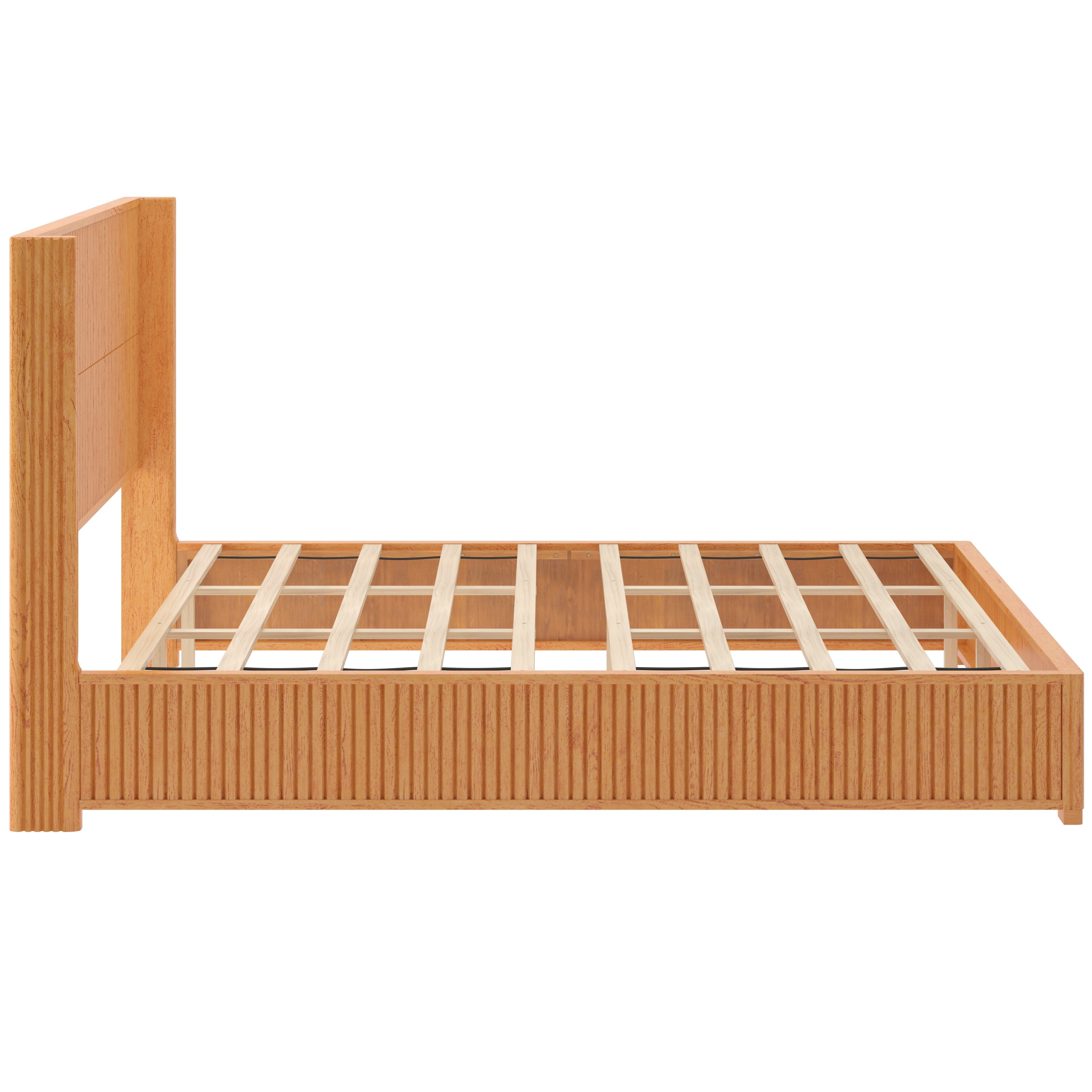 Close-up corner detail of fluted headboard and frame joint