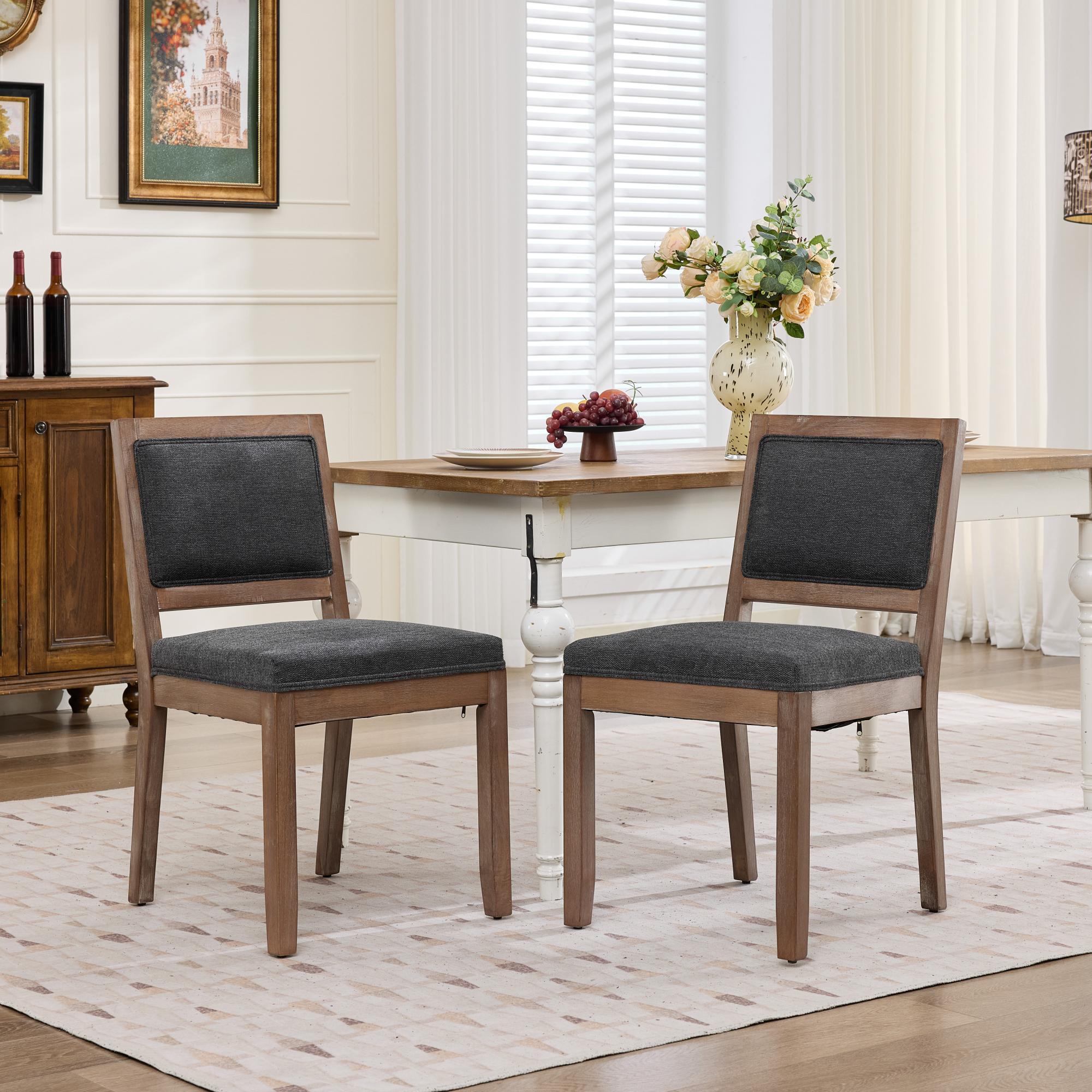 Upholstered Farmhouse Dining Chairs Set of 2, Gray with Wood Legs