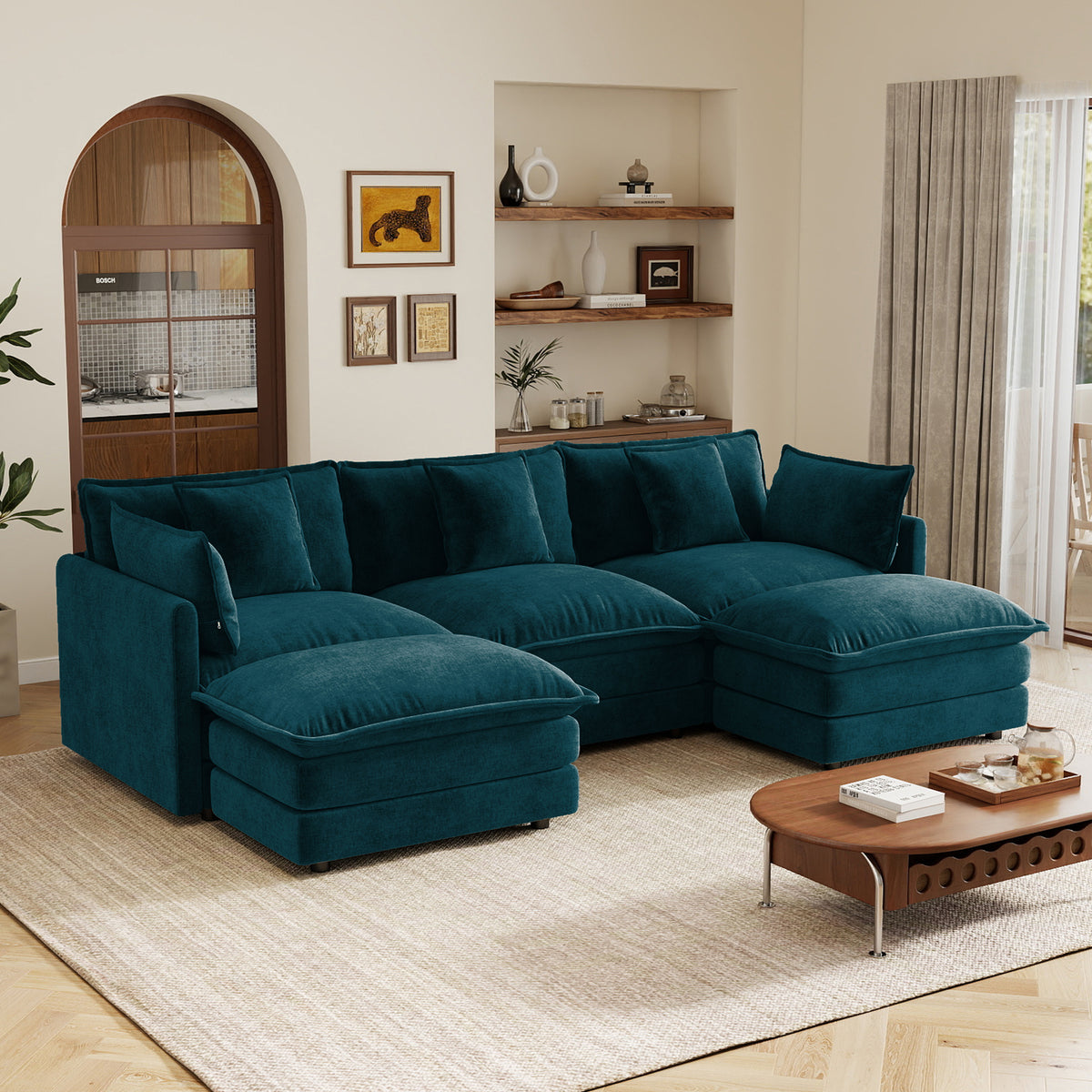 Blue Chenille Sectional Couch with 2 Ottomans
