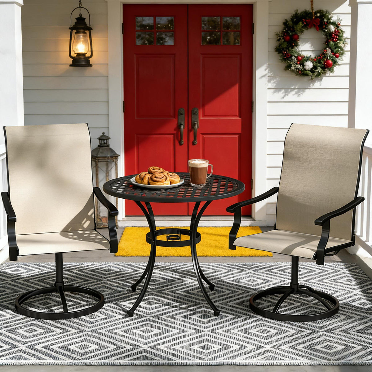 Metal Outdoor Swivel Chair, Set of 2, Beige and Black