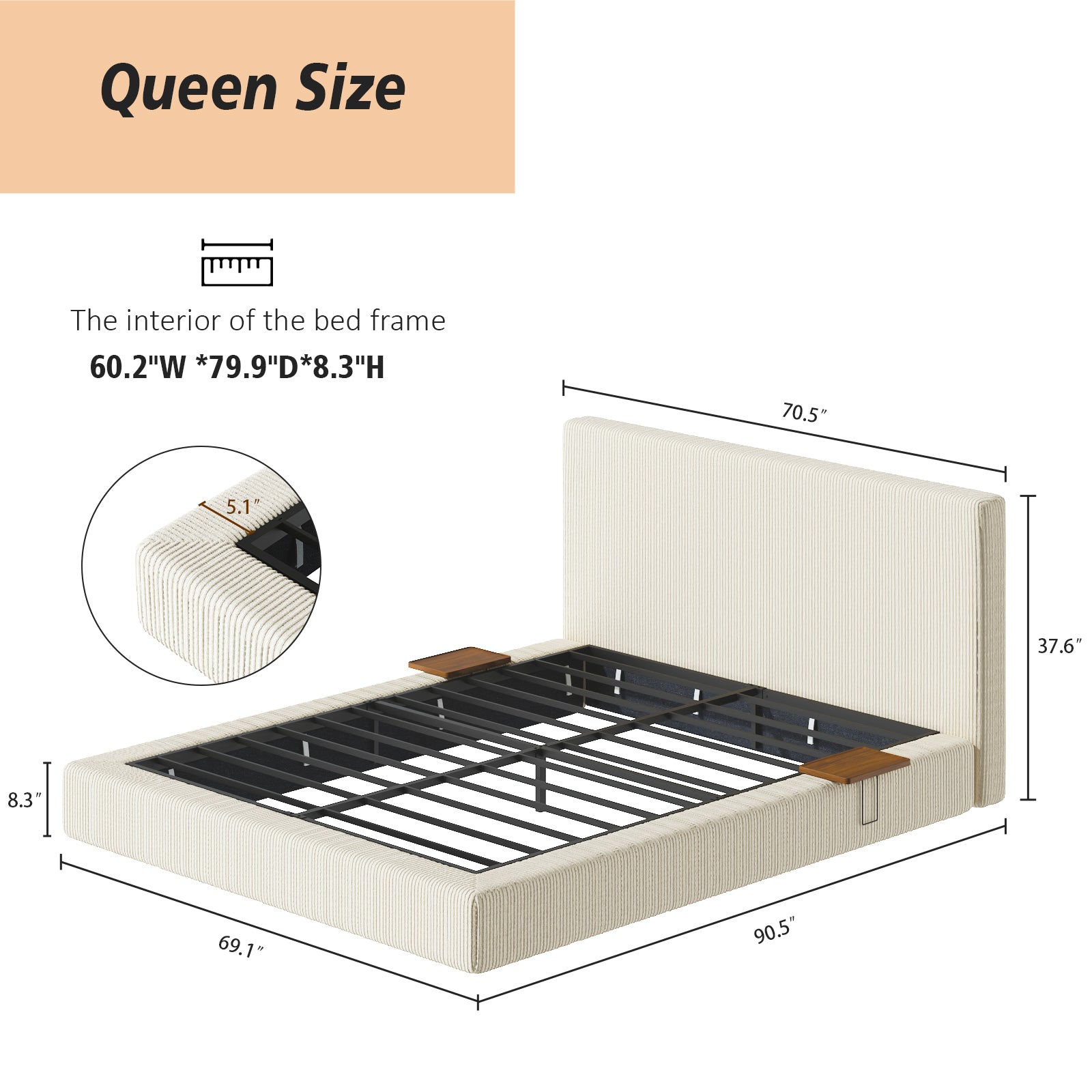 Dimension diagram of the queen platform bed frame: 90.5 in long, 69.1 in wide, 37.6 in tall, steel slat base