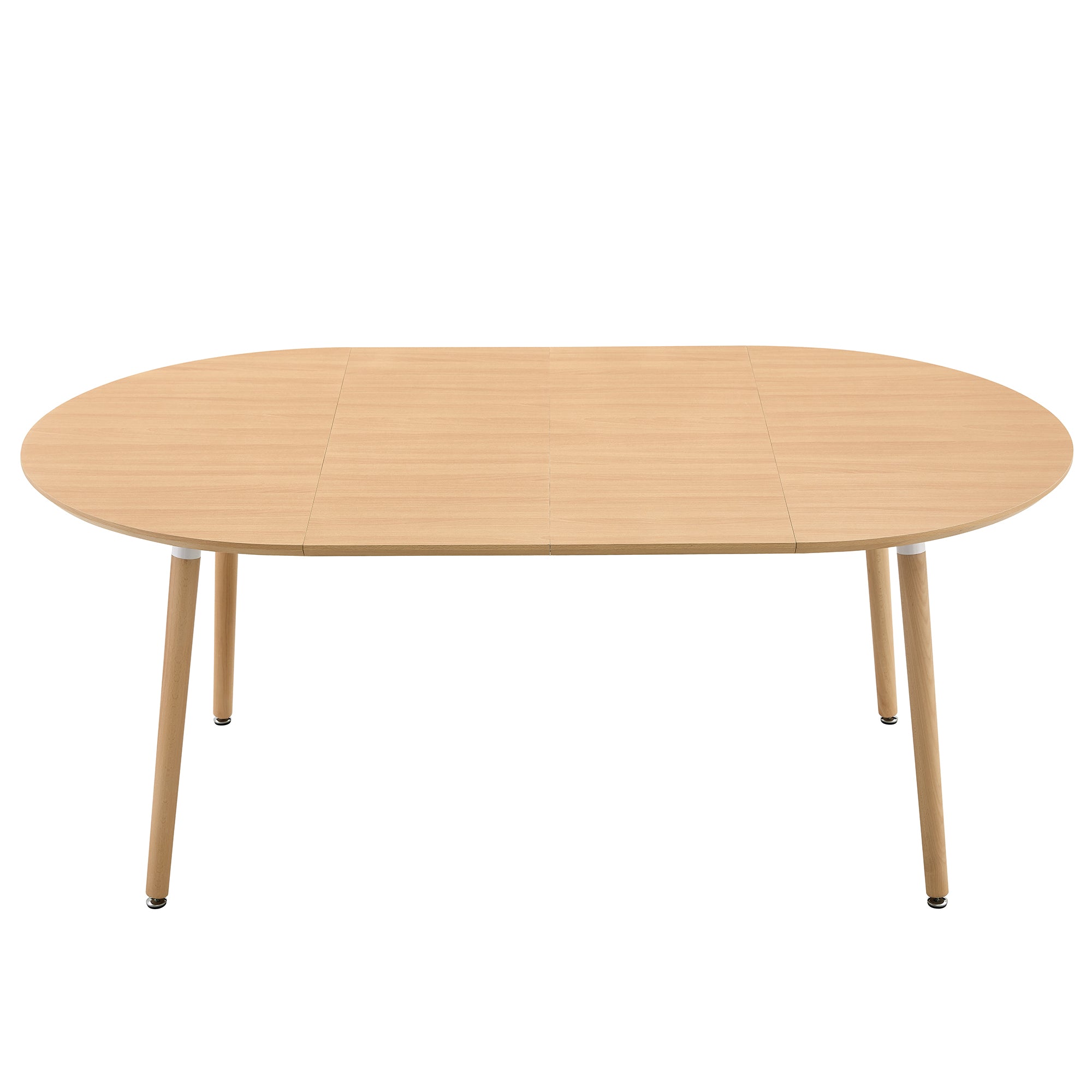 Extended oval oak-look dining table on a plain white studio background