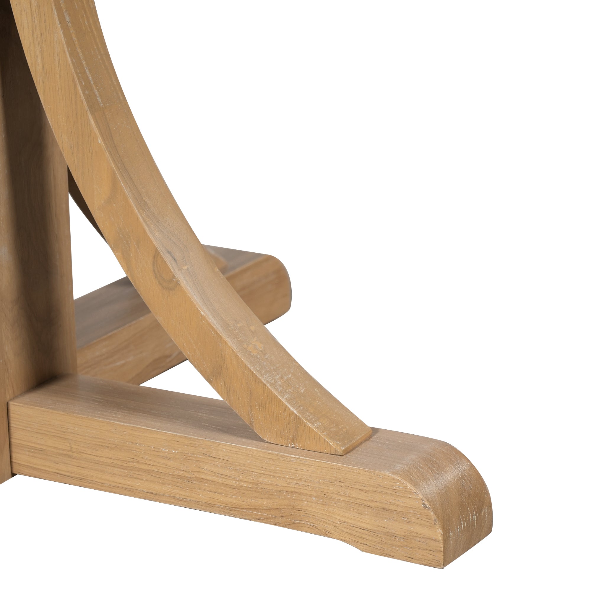Close-up of a curved trestle leg resting on its shaped wood foot, plain white background