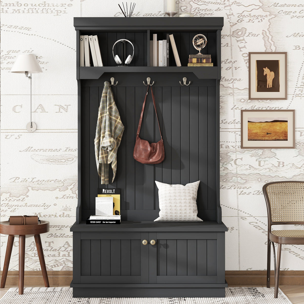 Black Hall Tree with Bench and Shoe Storage, 35.4 in Wide