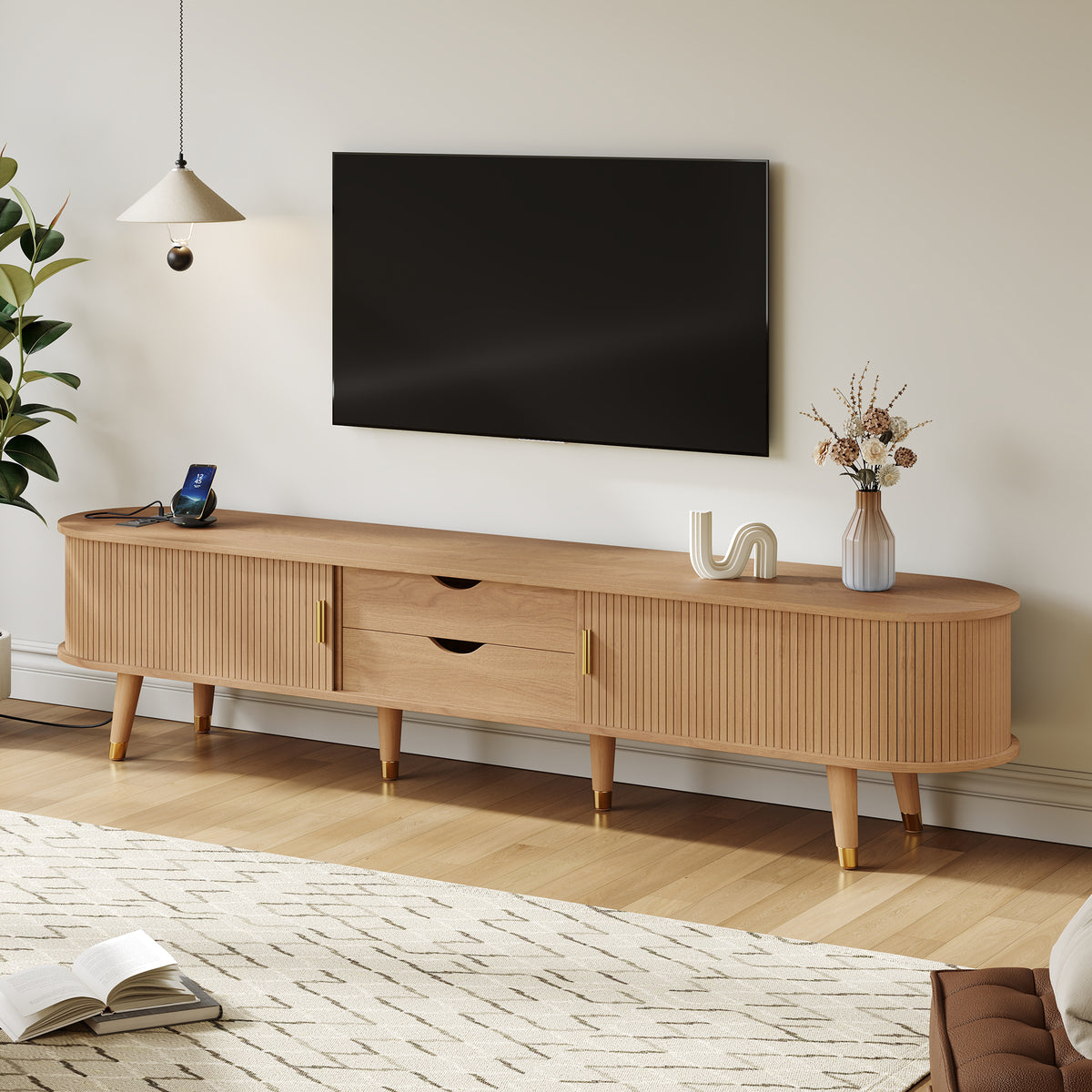Natural Fluted TV Stand for TVs up to 80 in, 74.8 in Wide