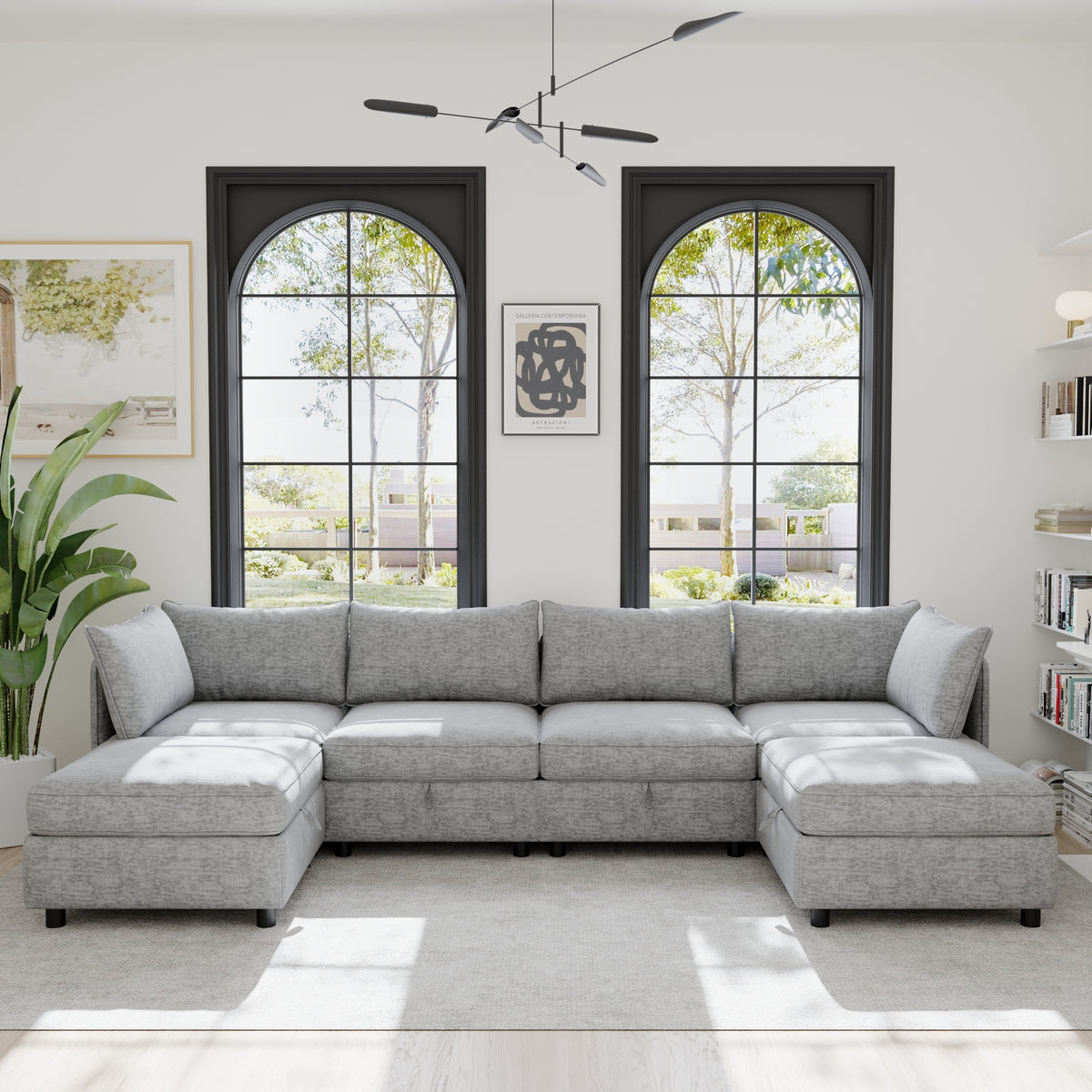 Gray Chenille Modular Sleeper Sectional with Storage and 2 Ottomans