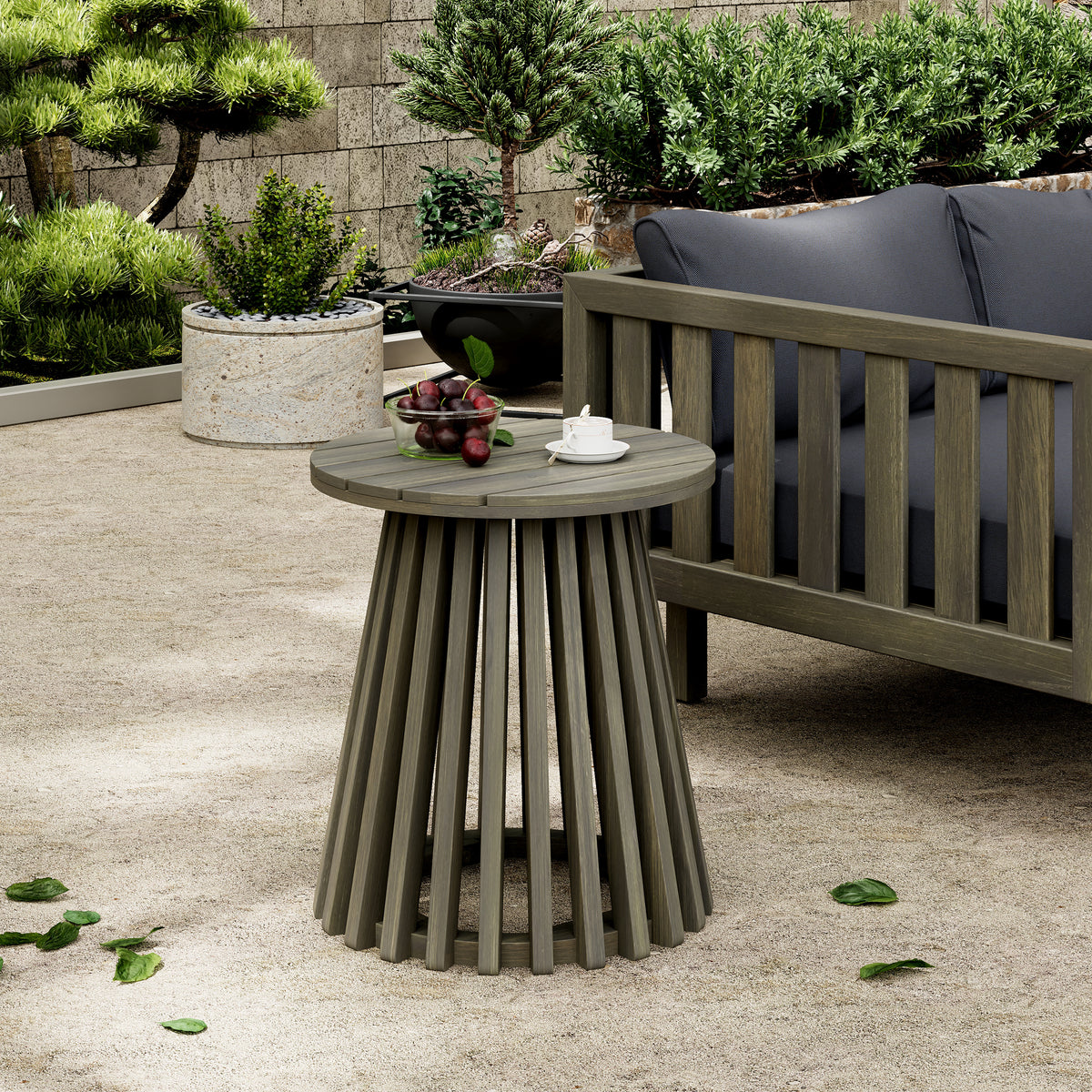 Gray Solid Wood Round Outdoor Side Table, 17.8 in Tall