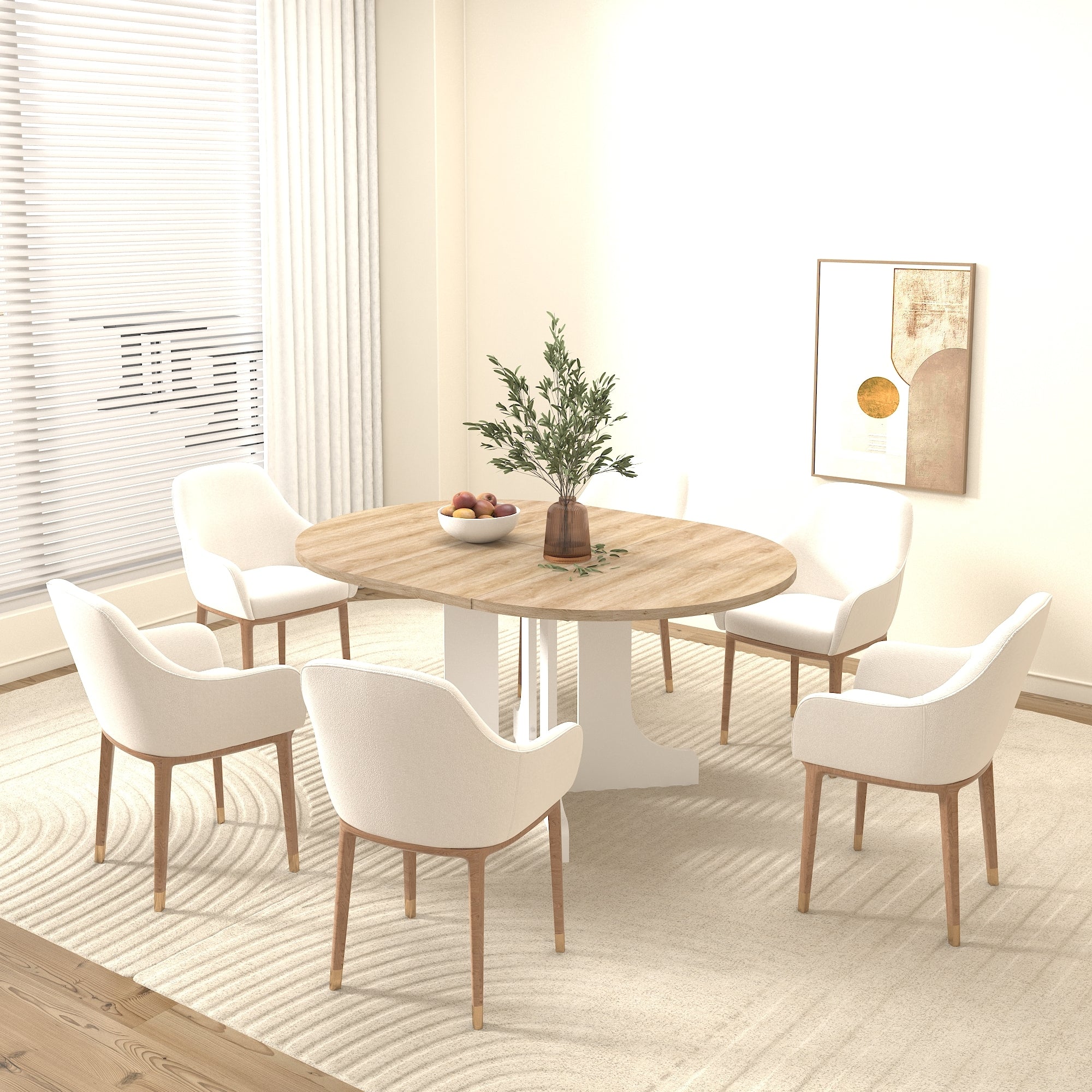 Oak-top oval dining table set for six with cream armchairs in a sunlit room