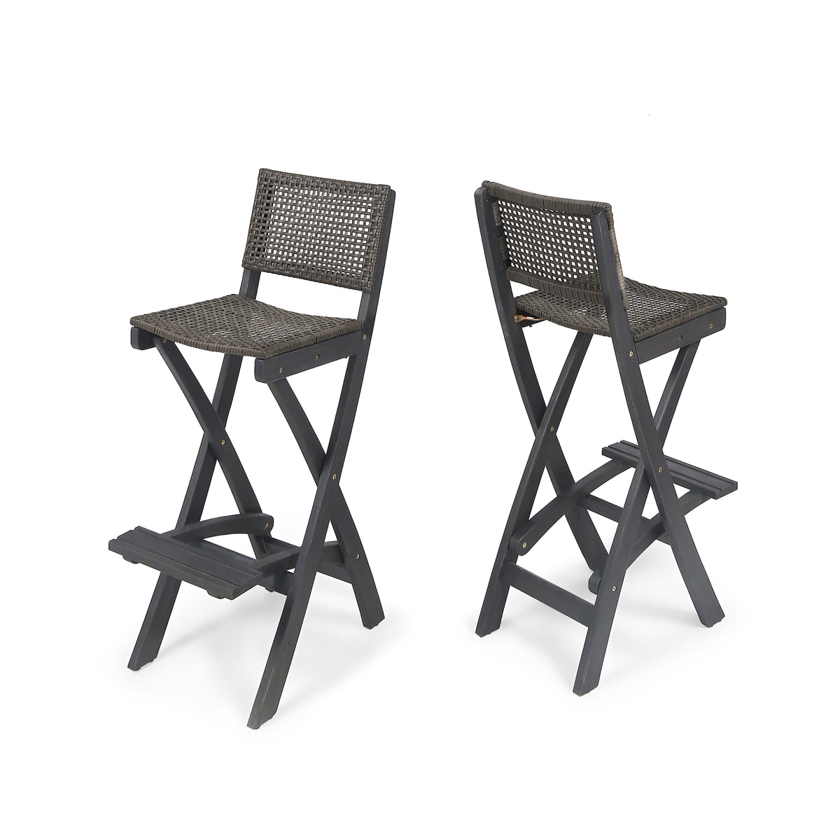 Dark Gray Solid Wood Folding Outdoor Bar Stool, Set of 2
