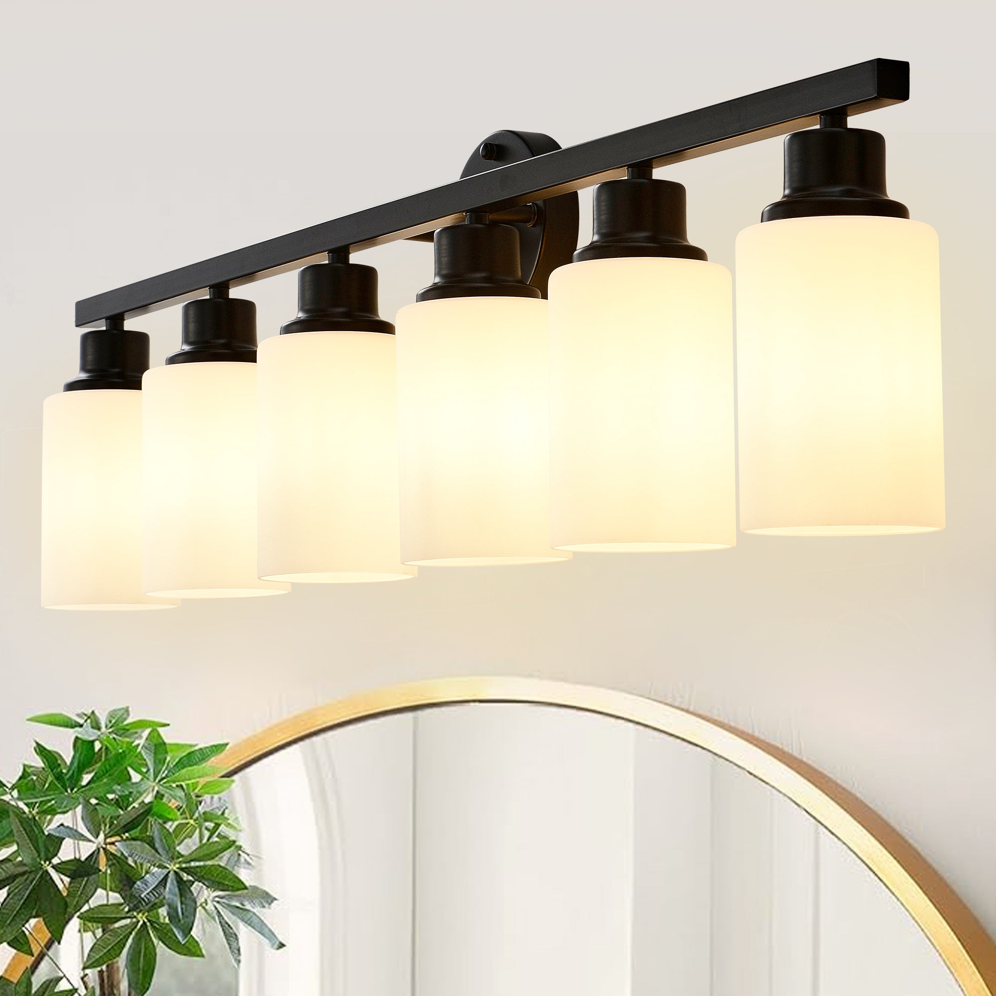 Wall Sconce, 6-Light Glass Shade, Matte Black and Wood