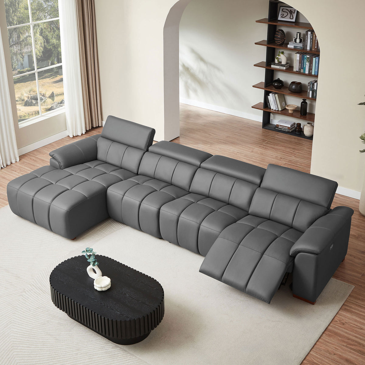Gray Genuine Leather Power L-Shaped Reclining Sectional, Left-Facing