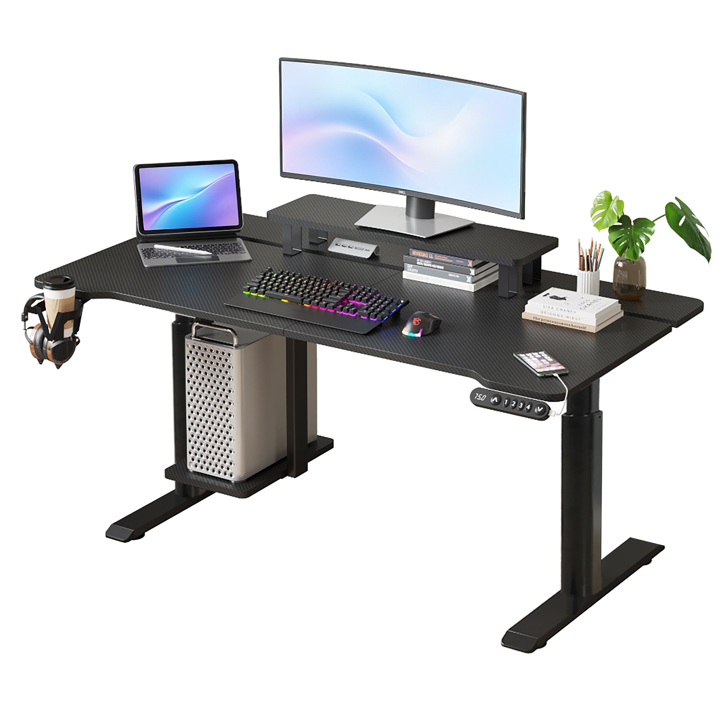 Height Adjustable Computer Desk with Charging Station, 63 in, Black