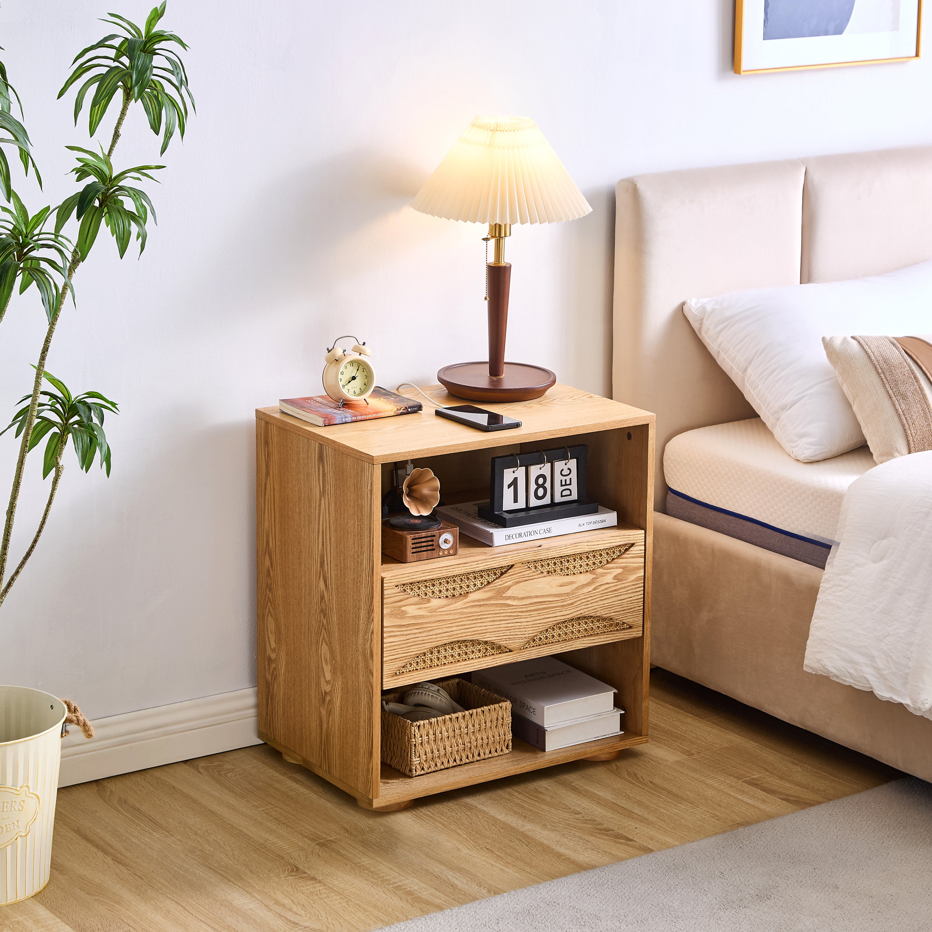 Rattan Nightstand with Drawer and 2 Open Shelves, Natural