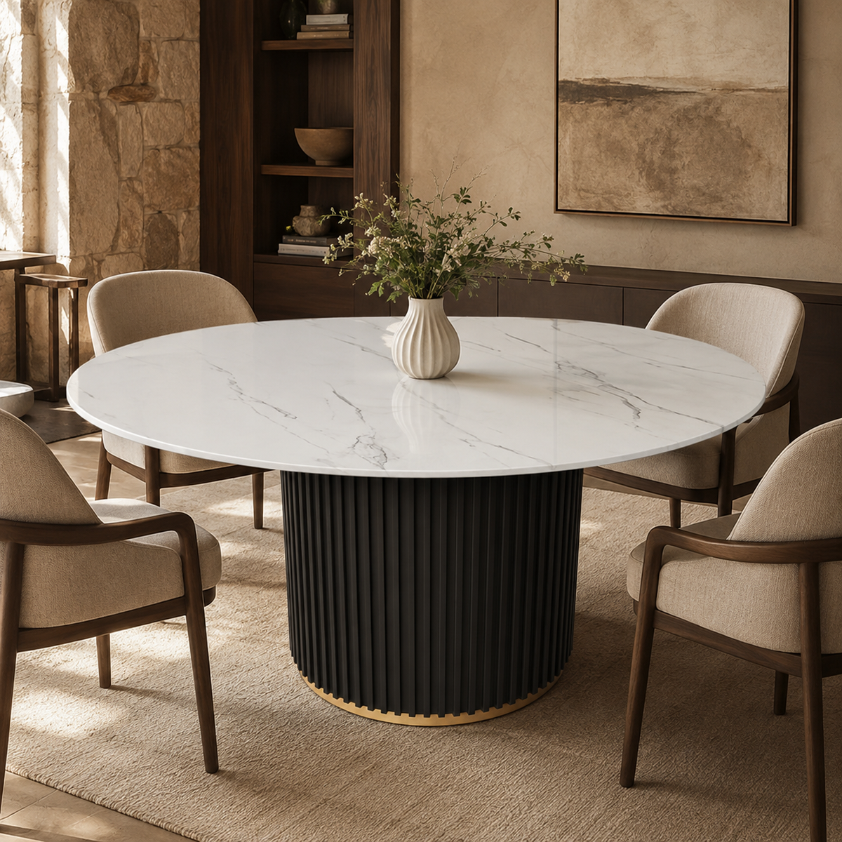 Faux Marble Round Dining Table, Black Fluted Metal Base - Gold