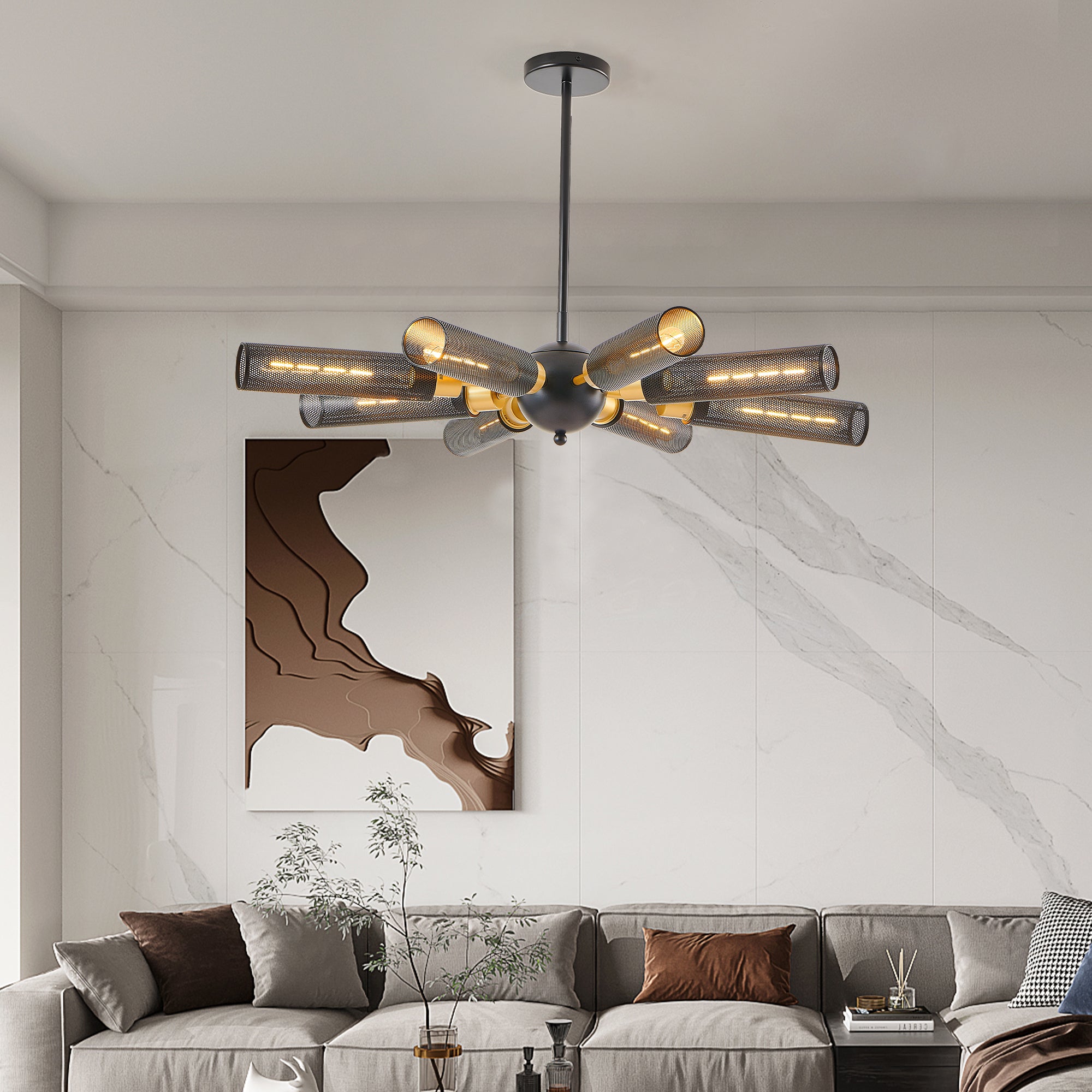 Chandelier, 8-Light Sputnik Style with Mesh Shades, Black