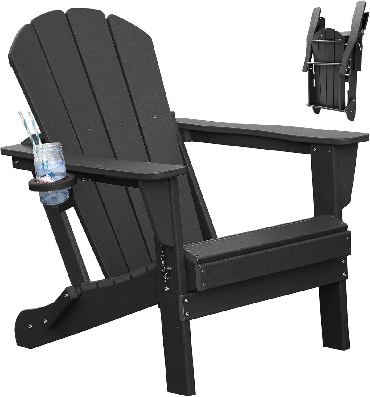 Black HDPE Folding Adirondack Chair, with Cup Holder, 34.2 in Tall