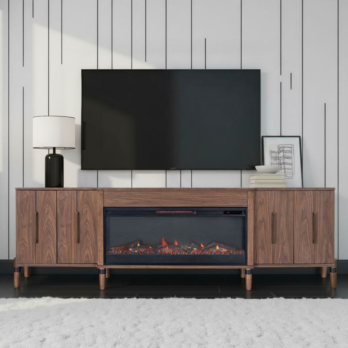 Walnut Fireplace TV Stand for TVs up to 100 in, 94 in Wide