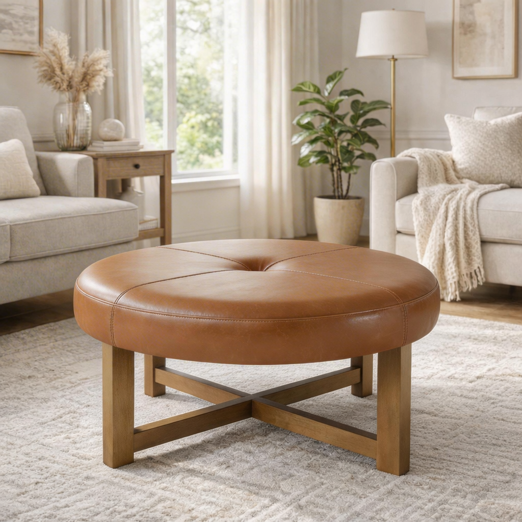 Light Brown Vegan Leather Round Tufted Ottoman, Coffee Table, 35 in