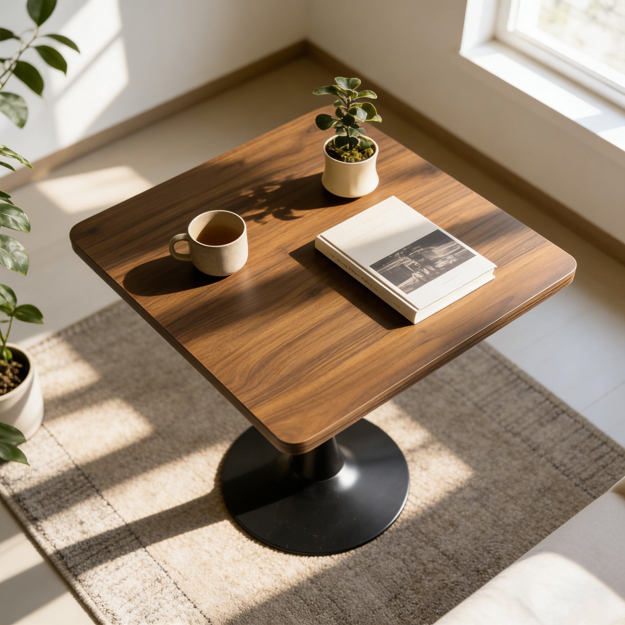 Overhead view of the walnut square tulip table in a corner with a mug, book, and potted plant