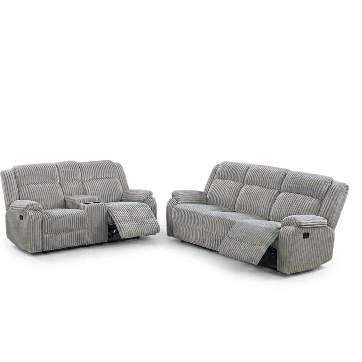 Gray Corduroy Reclining Sofa and Loveseat Set with Console, Gray Ash