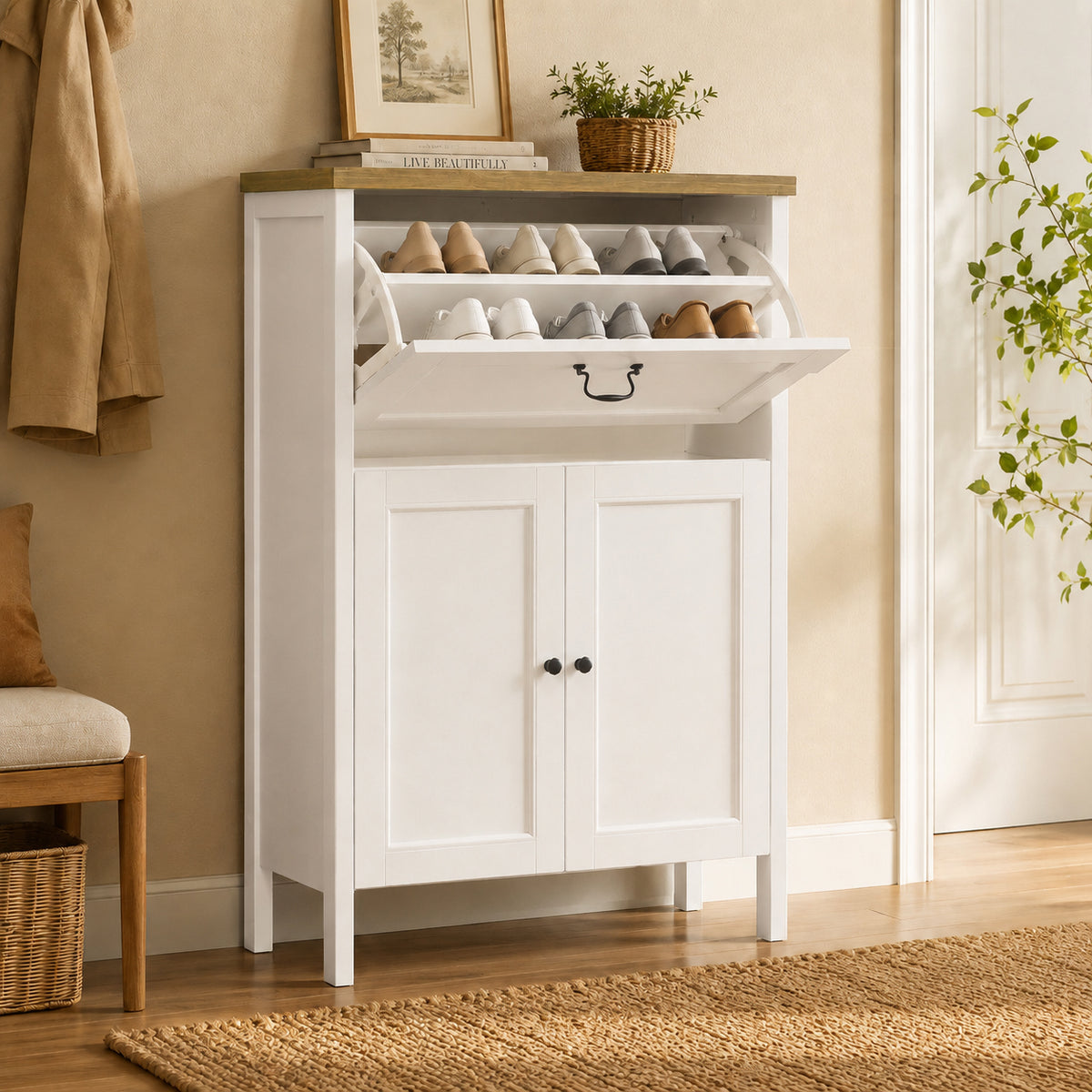 White Shoe Cabinet, 31.5 in Wide, 15.7 in Deep