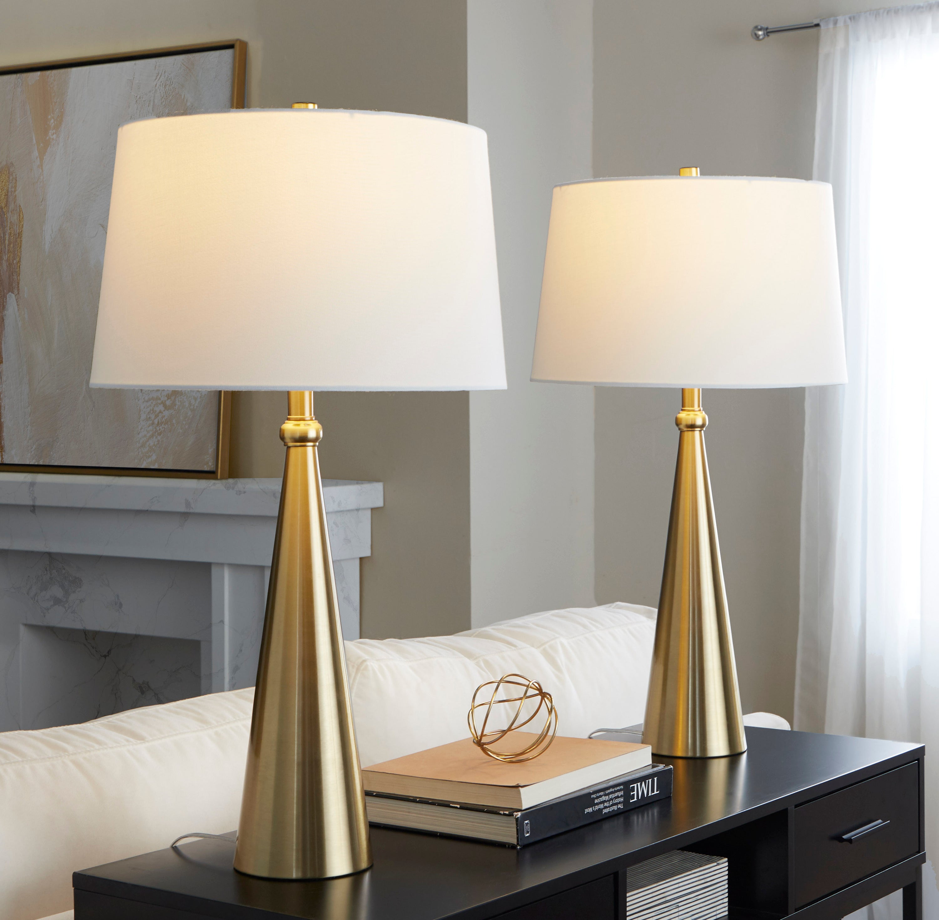 Table Lamp with Linen Shade in White Metal