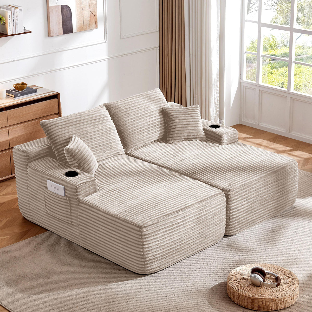 Beige L-Shaped Sectional Couch with Chaise, 69 in Wide